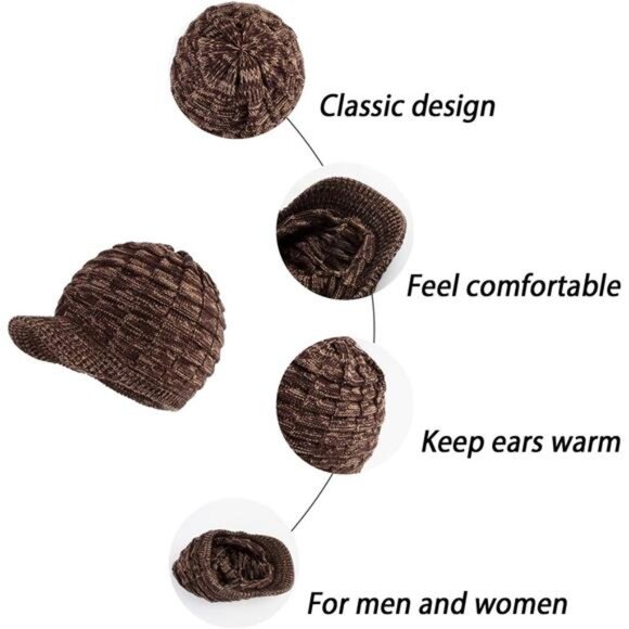 Unisex Winter Hats with Visor Warm Ski Hat Brown -Melange - Picture 4 of 4